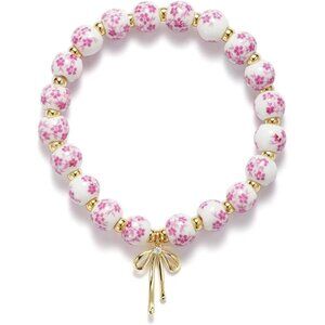 Pink Dainty Flower Handmade Stretch Dainty Bead Bow Charm Bracelet for Women
